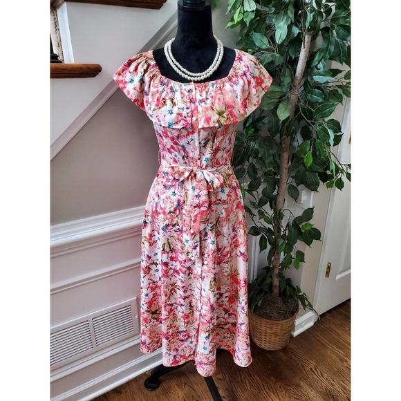 Multicolor Womens Floral Polyester Round Neck Cap Sleeve Length Dress Size Small - Picture 11 of 11
